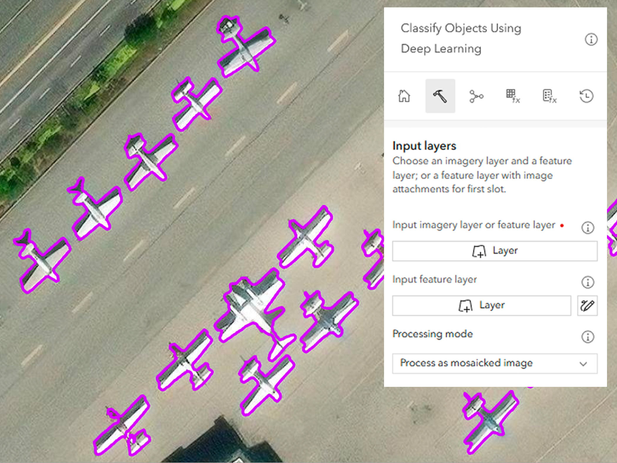 An AI tool in ArcGIS has classified objects, in this case airplanes which are outlined in purple