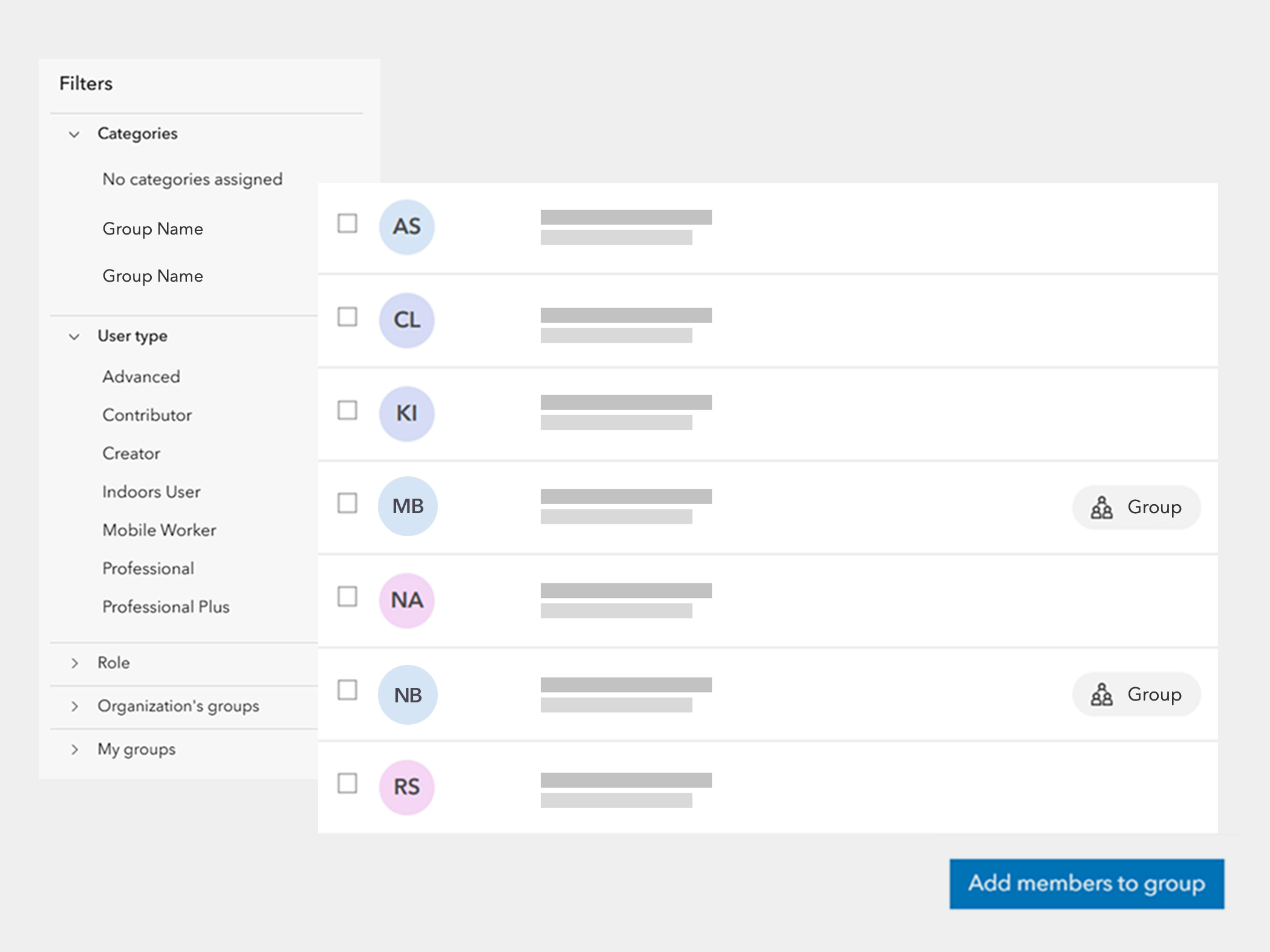 A user interface inside ArcGIS Enterprise has panels open showing a sample of a group of users