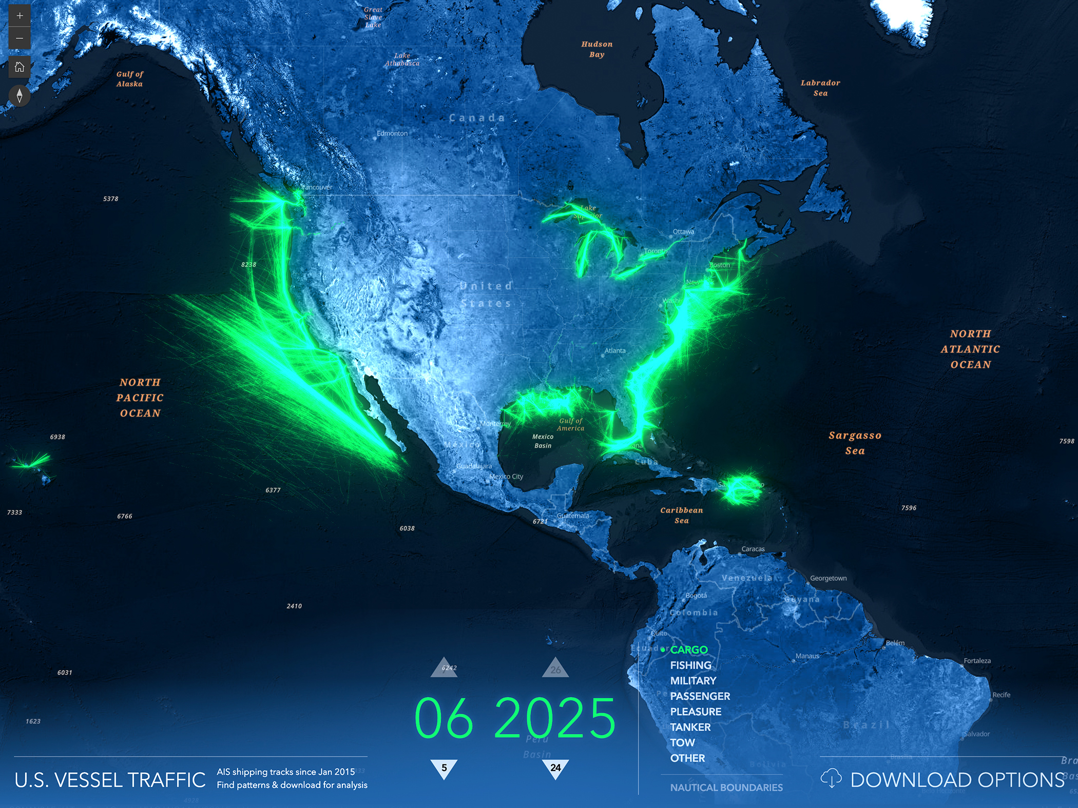 A map of the Americas showing US cargo vessel traffic in bright green