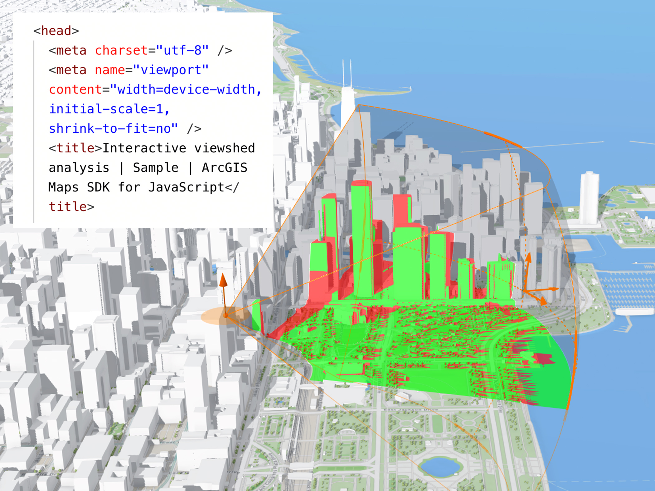 A map shows the results of a viewshed analysis of Chicago using ArcGIS Maps SDK for JavaScript with ArcGIS Enterprise