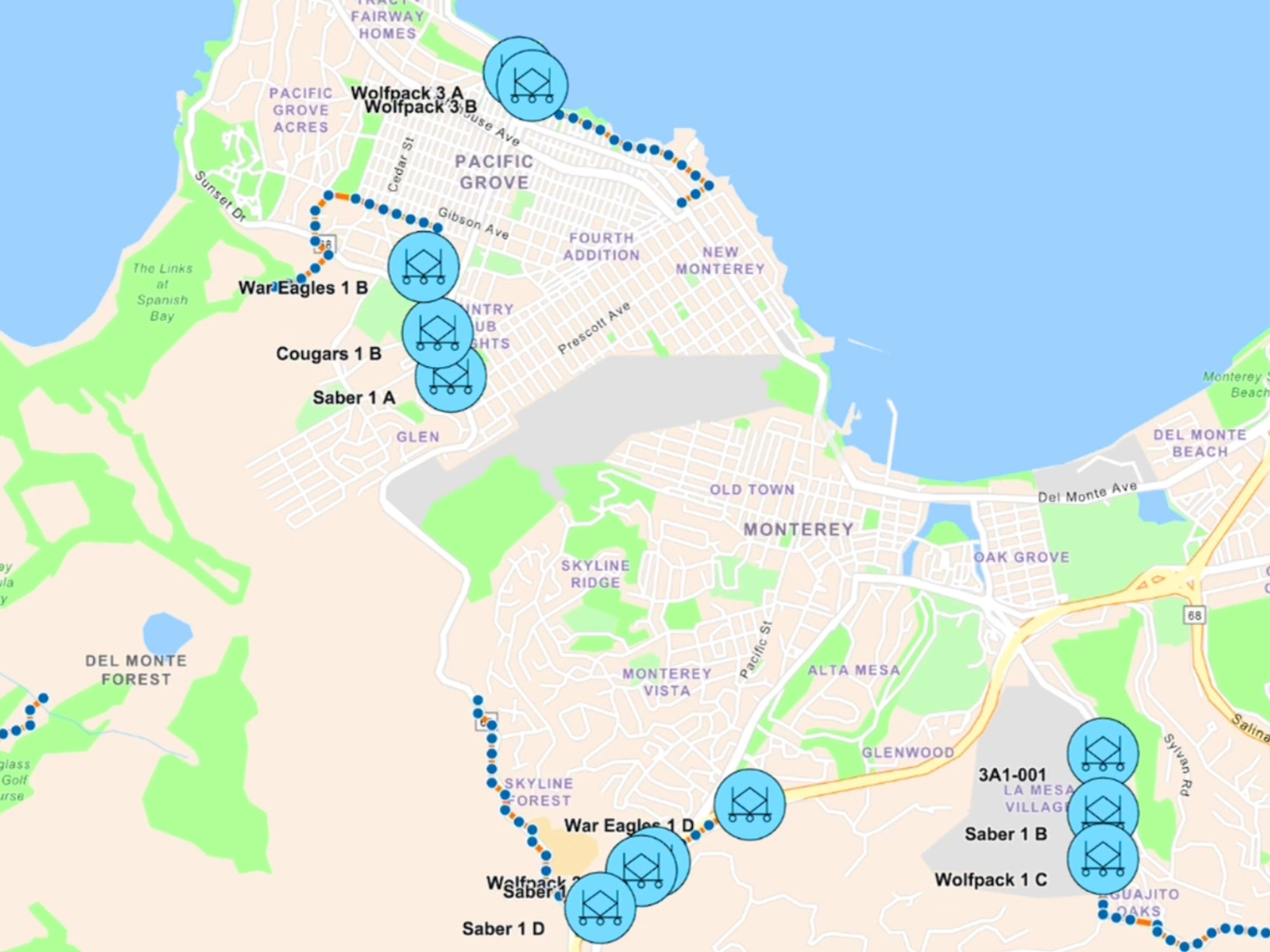 Map of Monterey and Pacific Grove with several blue routes and circular icons labeled