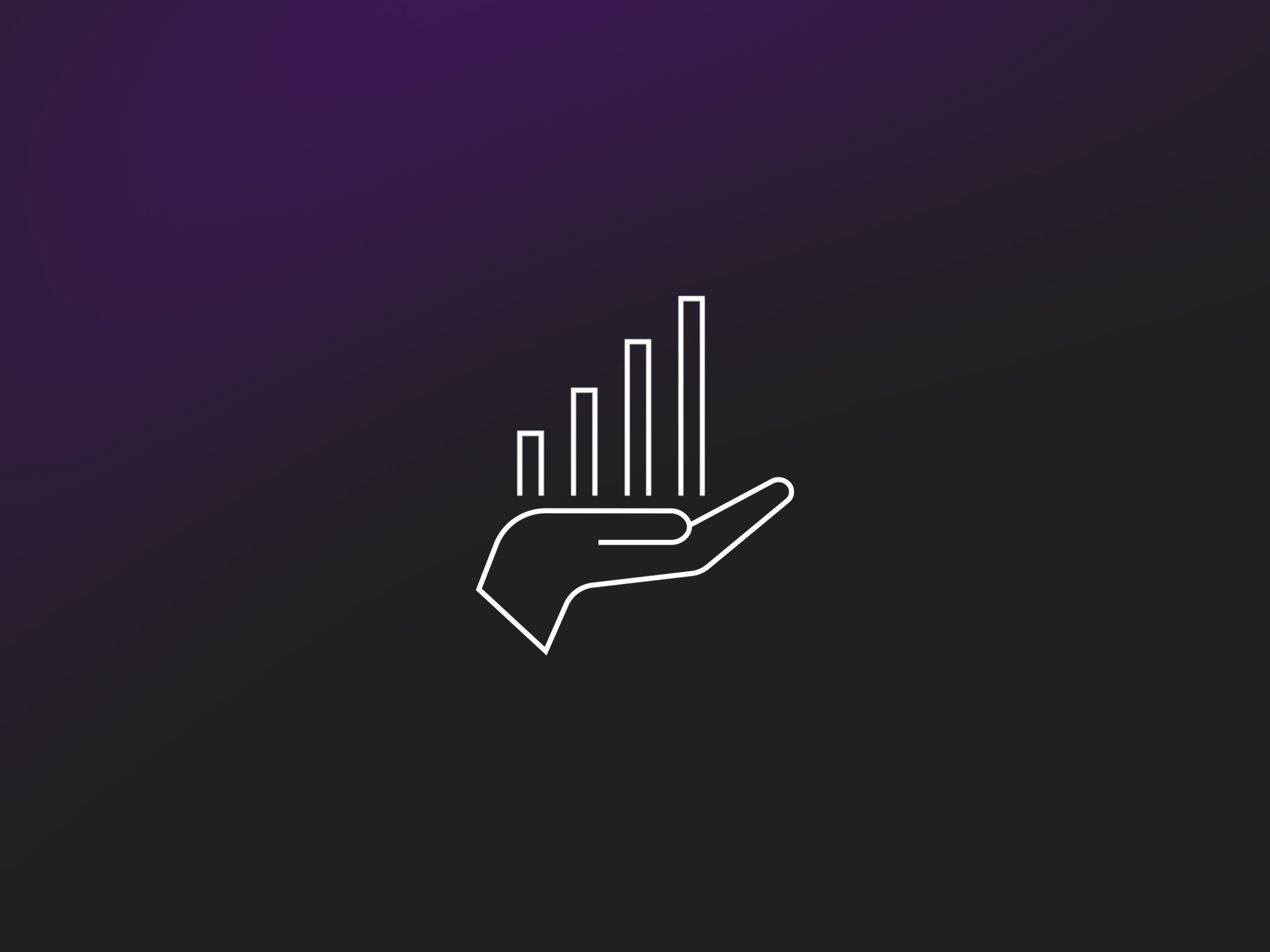An icon of a hand holding a bar chart that is increasing in height from left to right