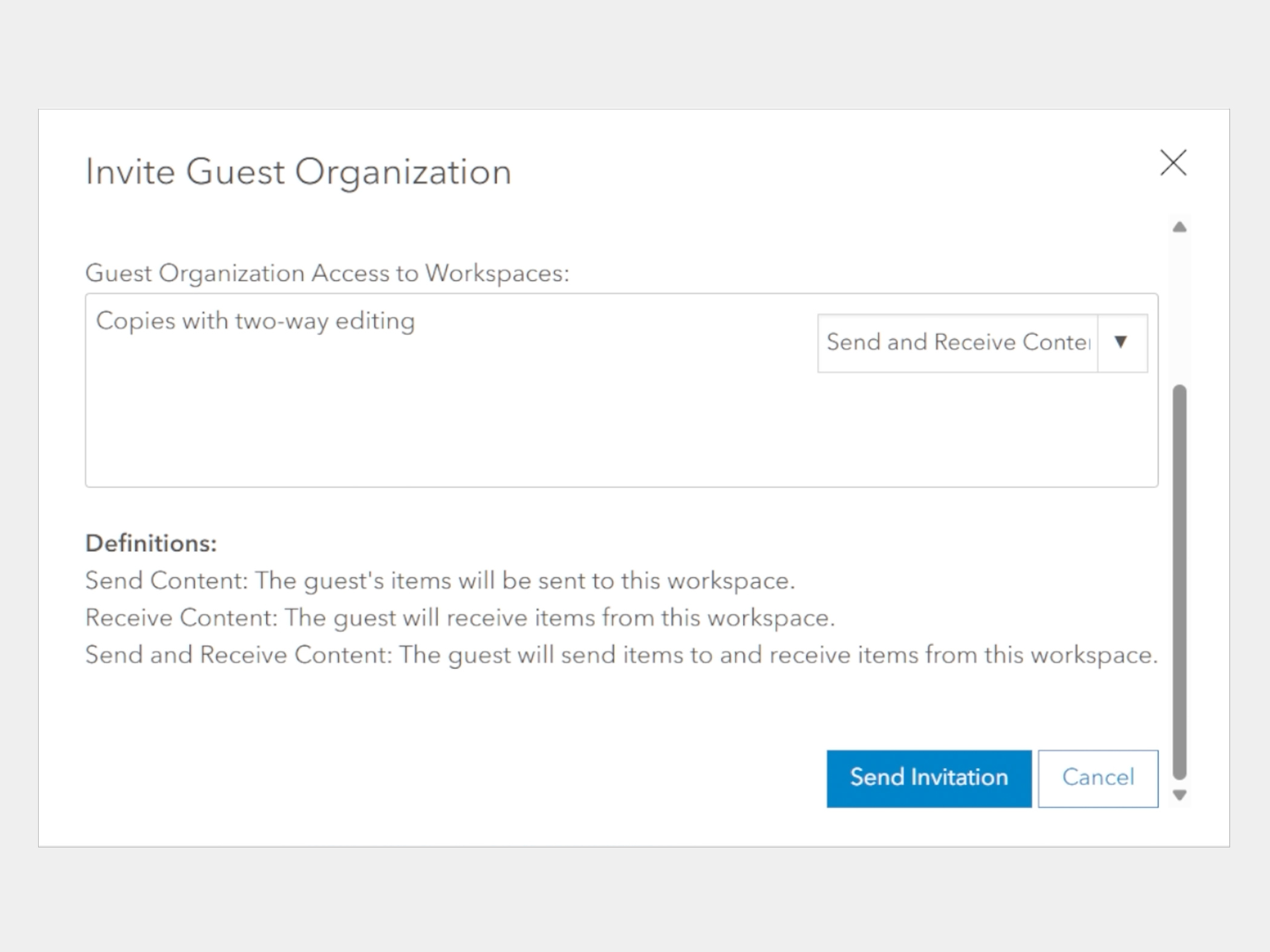 A user interface inside ArcGIS Enterprise has a dialog box open showing the ability to invite a guest organization to share content