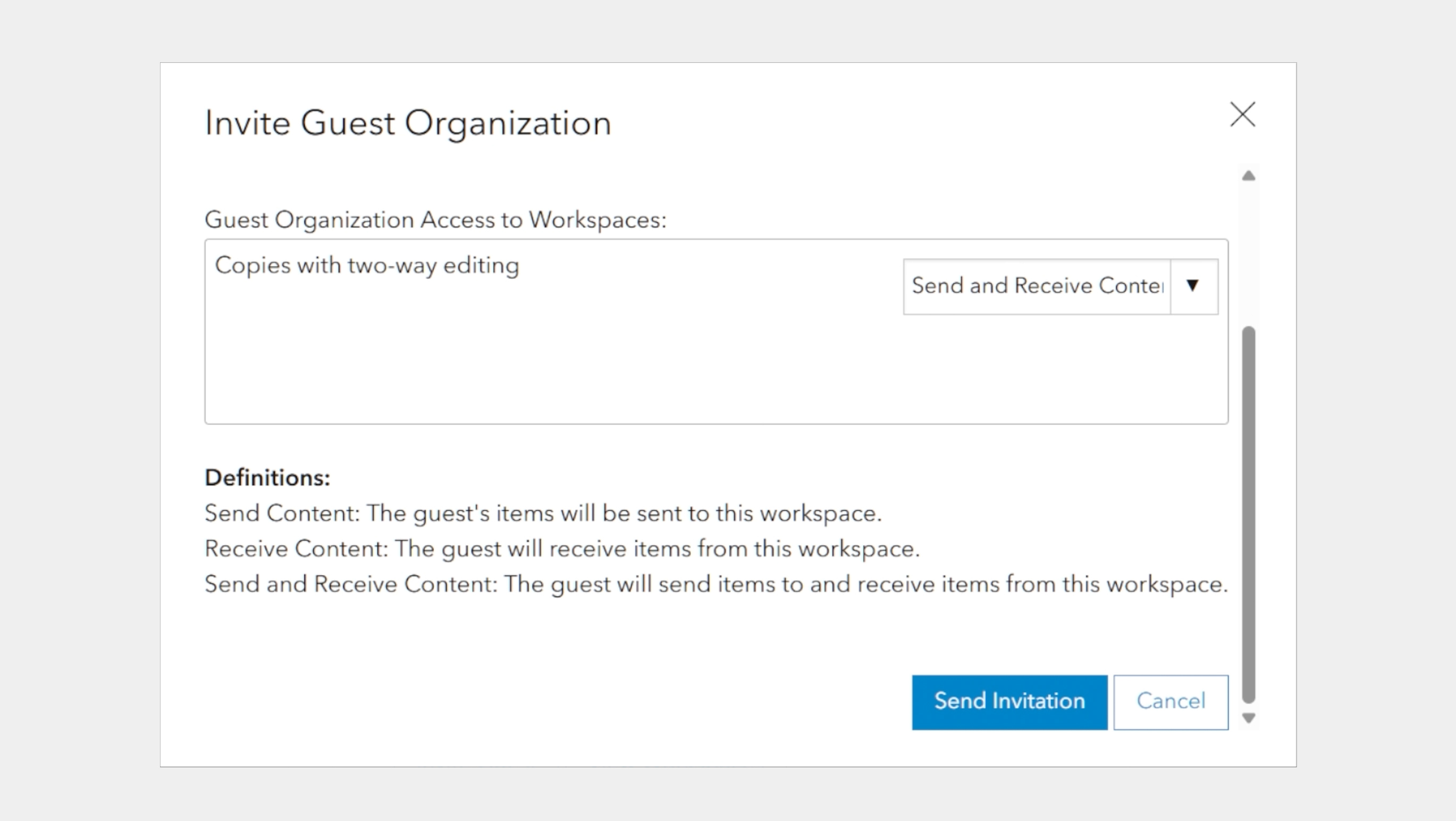 A user interface inside ArcGIS Enterprise has a dialog box open showing the ability to invite a guest organization to share content