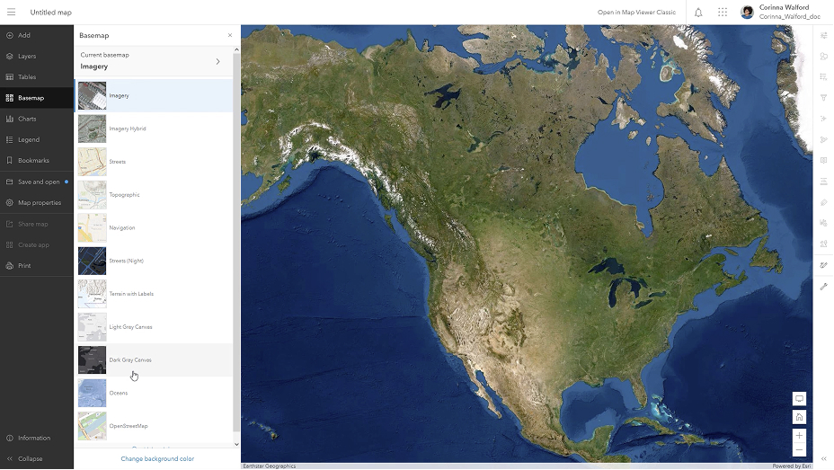 The Map Viewer interface in ArcGIS Enterprise with a panel open showing different basemaps available for use and  a map of North America