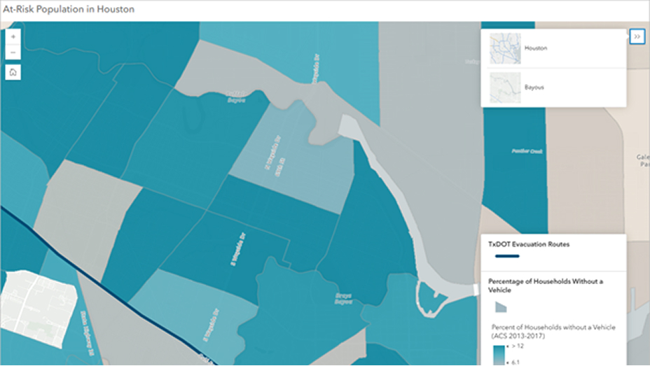 Digital map visualization shows at-risk population data in Houston.