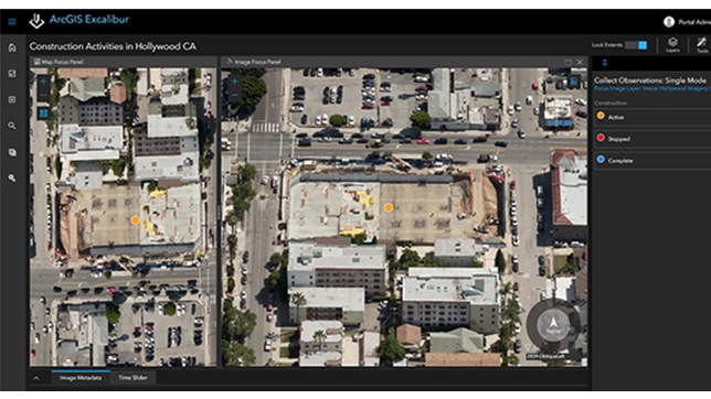 Imagery of construction actives in Hollywood, California displayed in ArcGIS Excalibur