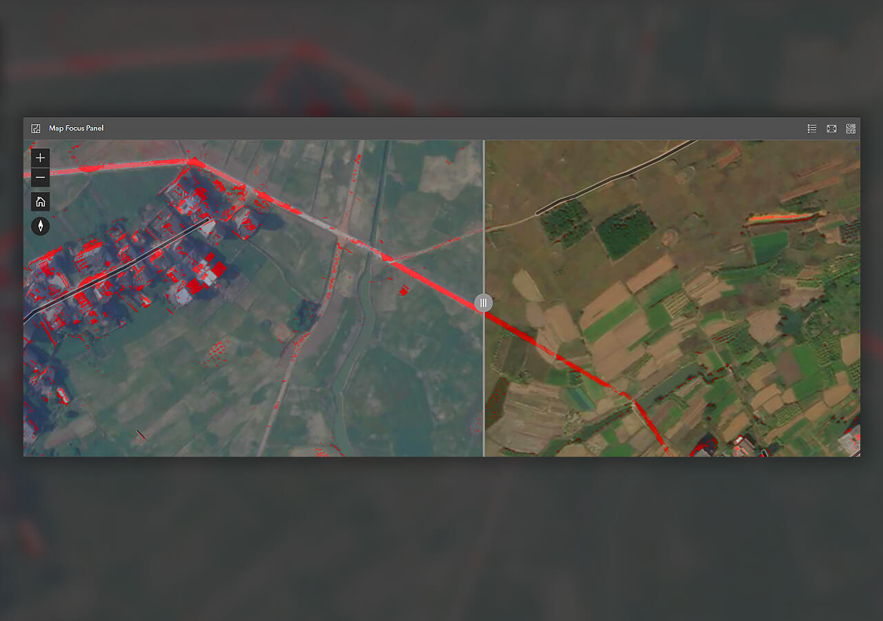Zwei Luftaufnahmen von braunem und grünem Land nebeneinander durchkreuzt von einer roten Linie zur Darstellung der Änderungserkennung von ArcGIS Excalibur