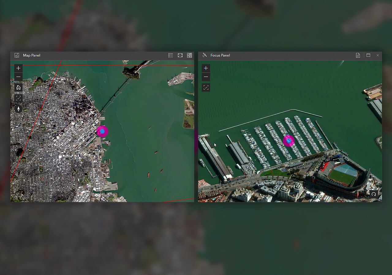 Zwei Bilder eines Hafens in San Francisco nebeneinander jeweils mit einem blauen Punkt in ArcGIS Excalibur geöffnet 