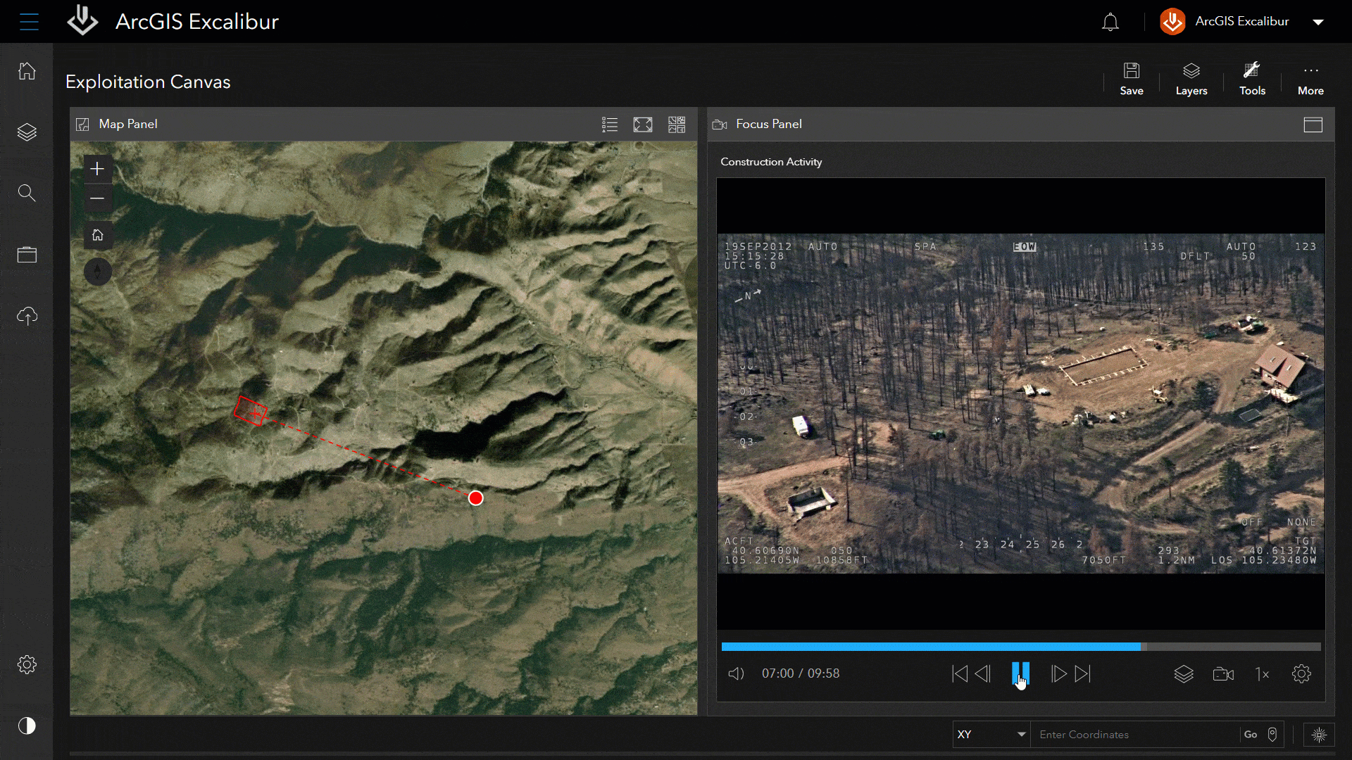 A moving aerial image of a forest next to a satellite image of green land showing ArcGIS Excalibur monitoring construction 