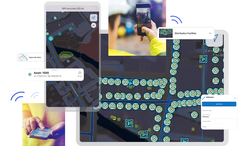 ArcGIS Field Maps 用の現場の対象物を収集するタブレットとスマートフォンのコラージュ