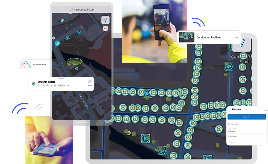 Colagem de tablets e telefones celulares coletando ativos de campo para ArcGIS Field Maps