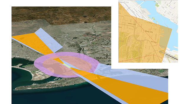 Mapa de ruas com a pista de um aeroporto com quatro destaques amarelos ao seu redor, ao lado de uma imagem em close da terra e da água