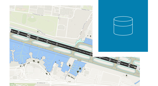 Street map showing streets, land, and water next to a small icon of a cylinder