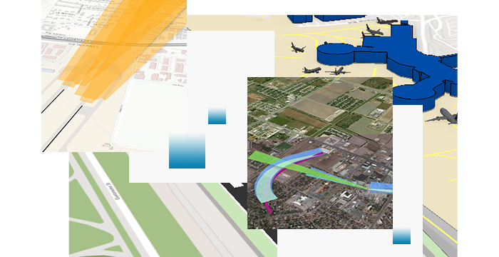 Collage showing flight approach path, a runway, three-dimensional view of an airfield, and a obstacle identification surface 