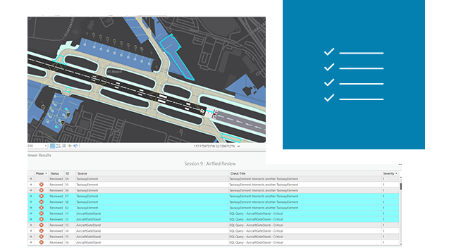 Ícone de uma lista de verificação ao lado de uma imagem digital de uma pista de aeroporto e uma lista de verificação computadorizada com texto e destaques em azul