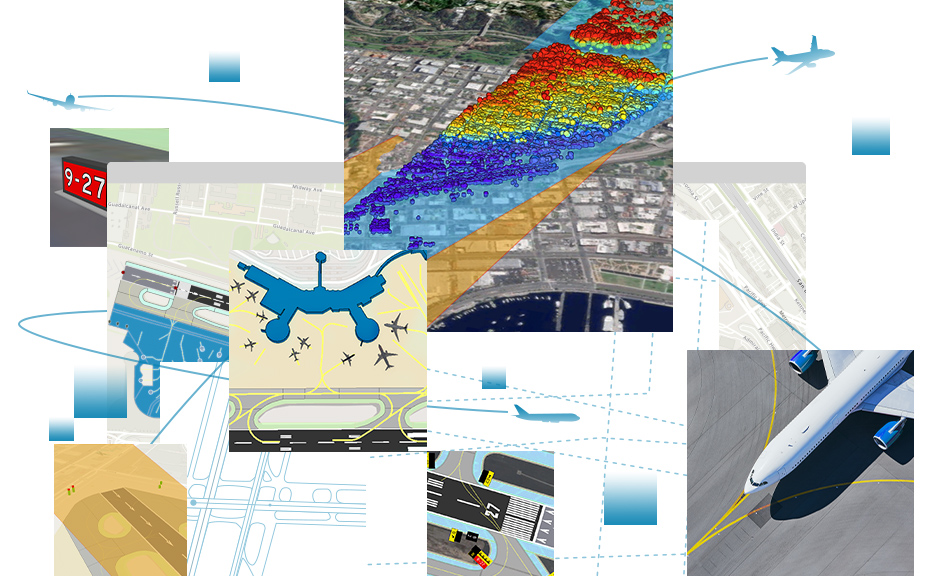 Collage of airplane on runway, 3D signs and marking, lidar data of runway obstacles, and obstacle penetration on the runway