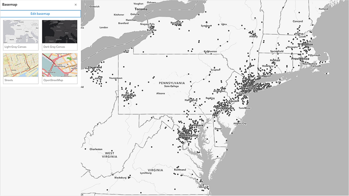 Grayscale map of eastern United States with dark gray population clusters, overlaid with a small map legend