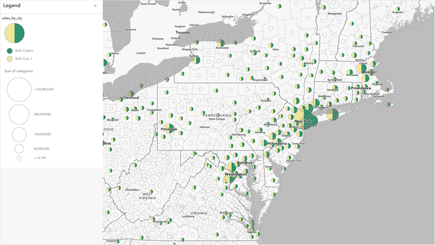 Grayscale map of eastern United States with scattered clusters of green and yellow map points