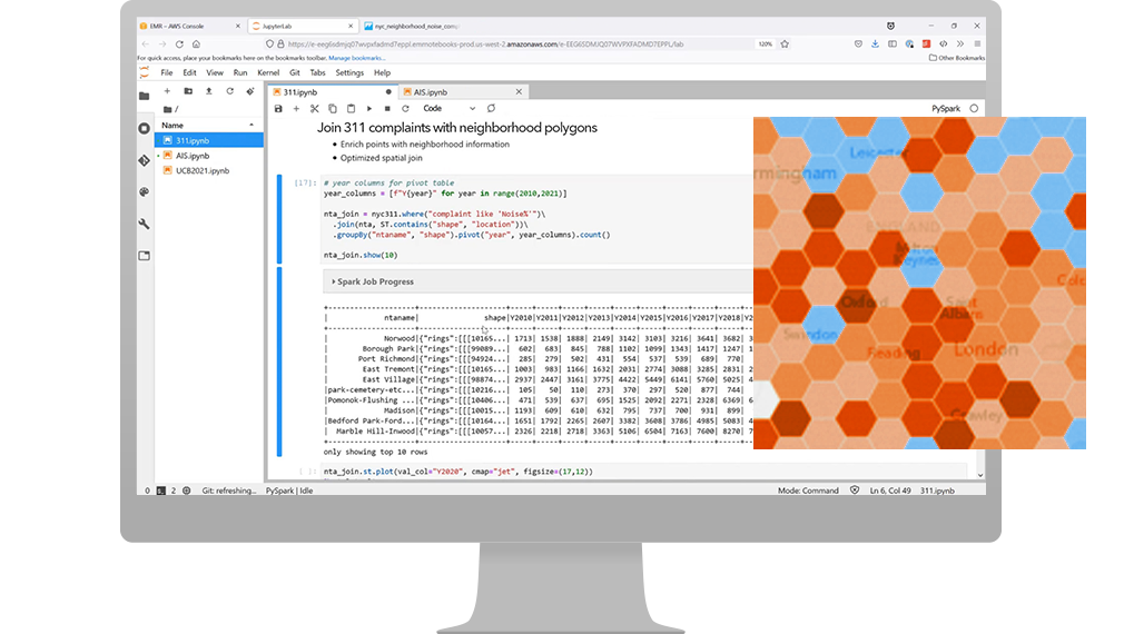 A computer monitor showing text and numerical data representing an Amazon EMR notebook attached to a Spark cluster 