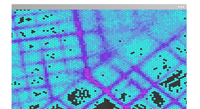 Abstract image in blue and purple and black datapoints showing the number of urban trees aggregated into hexbins 