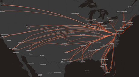 A dark mode map of the United States, showing flight paths to multiple destinations from Washington, DC