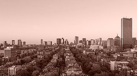 A sepia-toned panoramic city skyline with a tree-lined avenue in the foreground and skyscrapers in the background