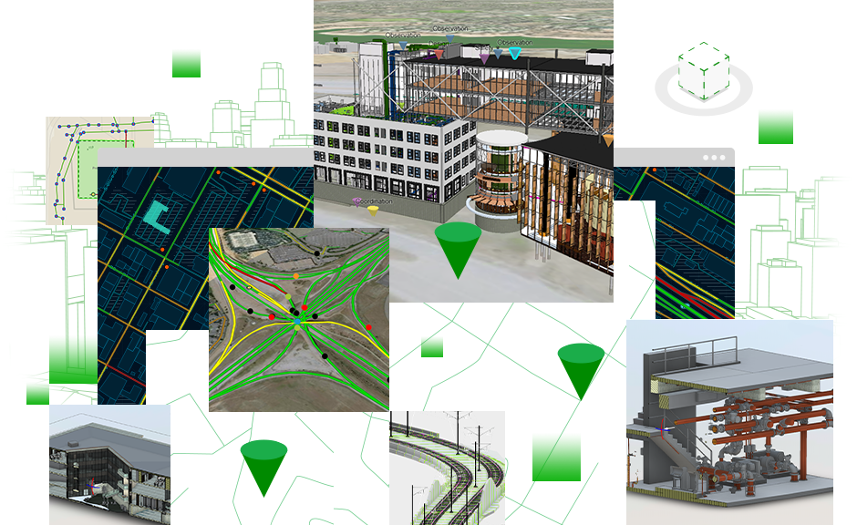 Collage d’images incluant les échangeurs d’autoroute, les stations de pompage en 3D, le modèle de couloir de conception avec les lignes techniques et les bâtiments en 3D