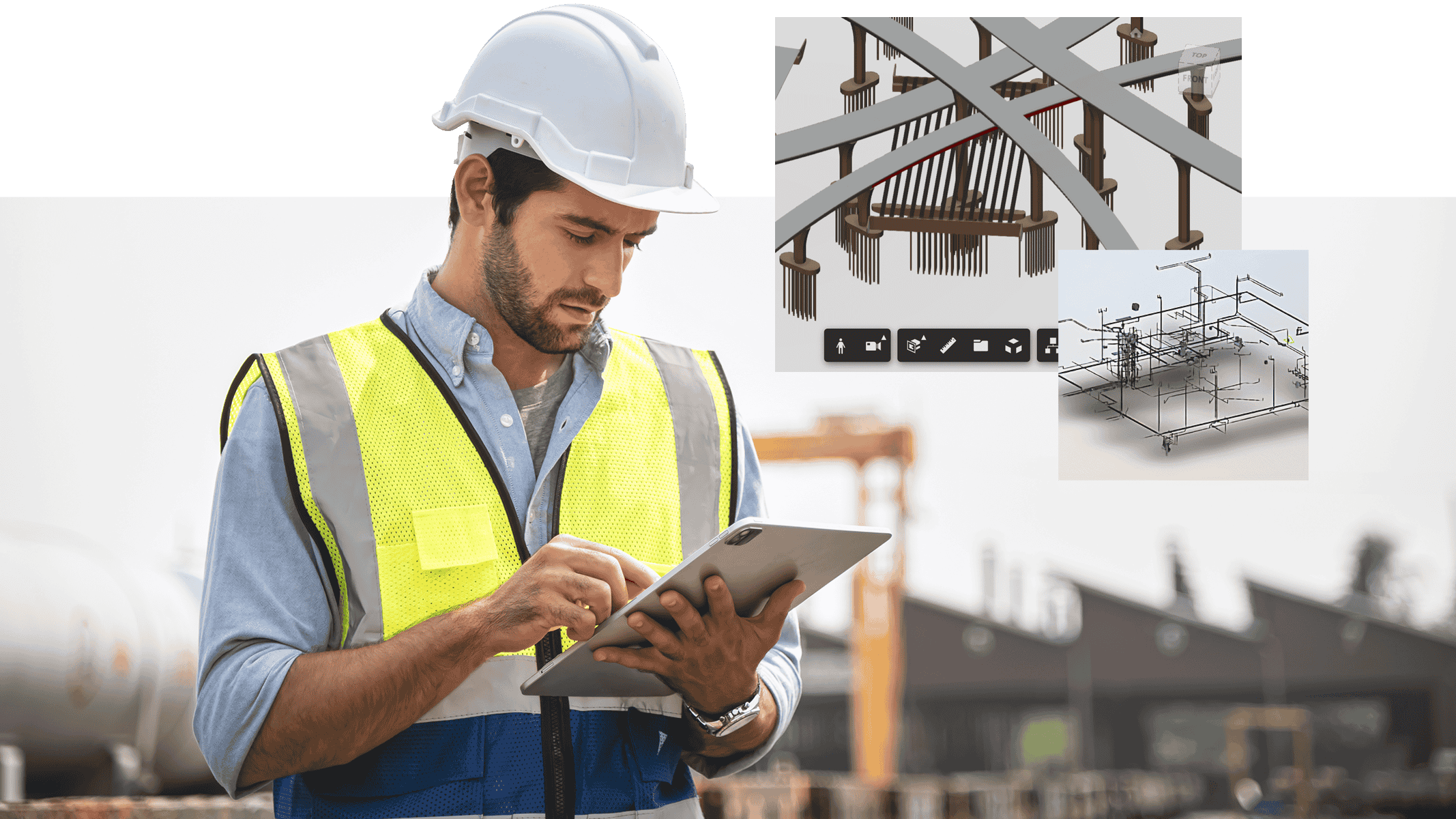 Construction worker using a tablet on-site with overlaid graphics of a map, 3D structural model, and data table
