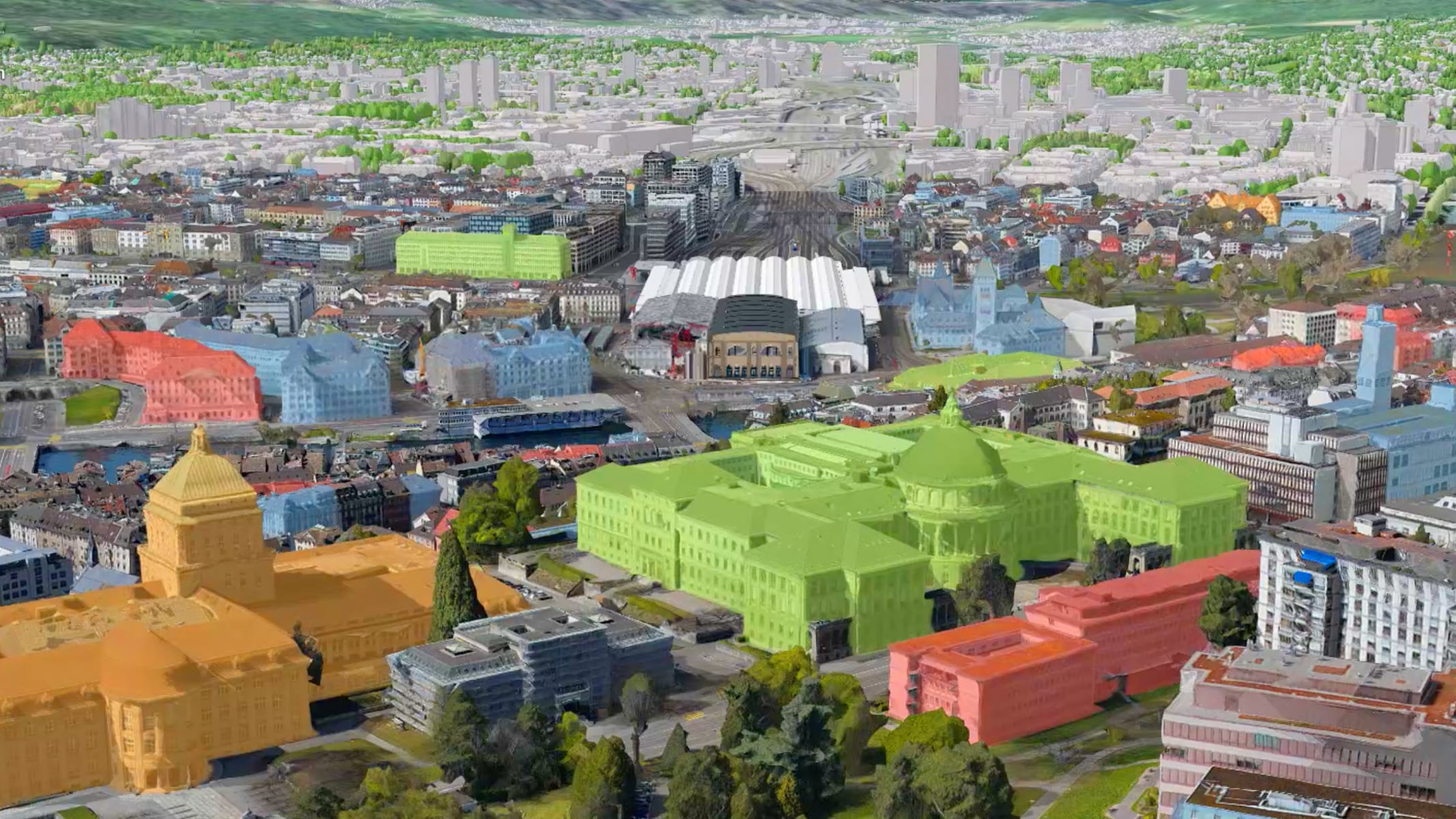 Split view showing a 3D city model with BIM data in ArcGIS GeoBIM interface on the left and a detailed building component model on the right