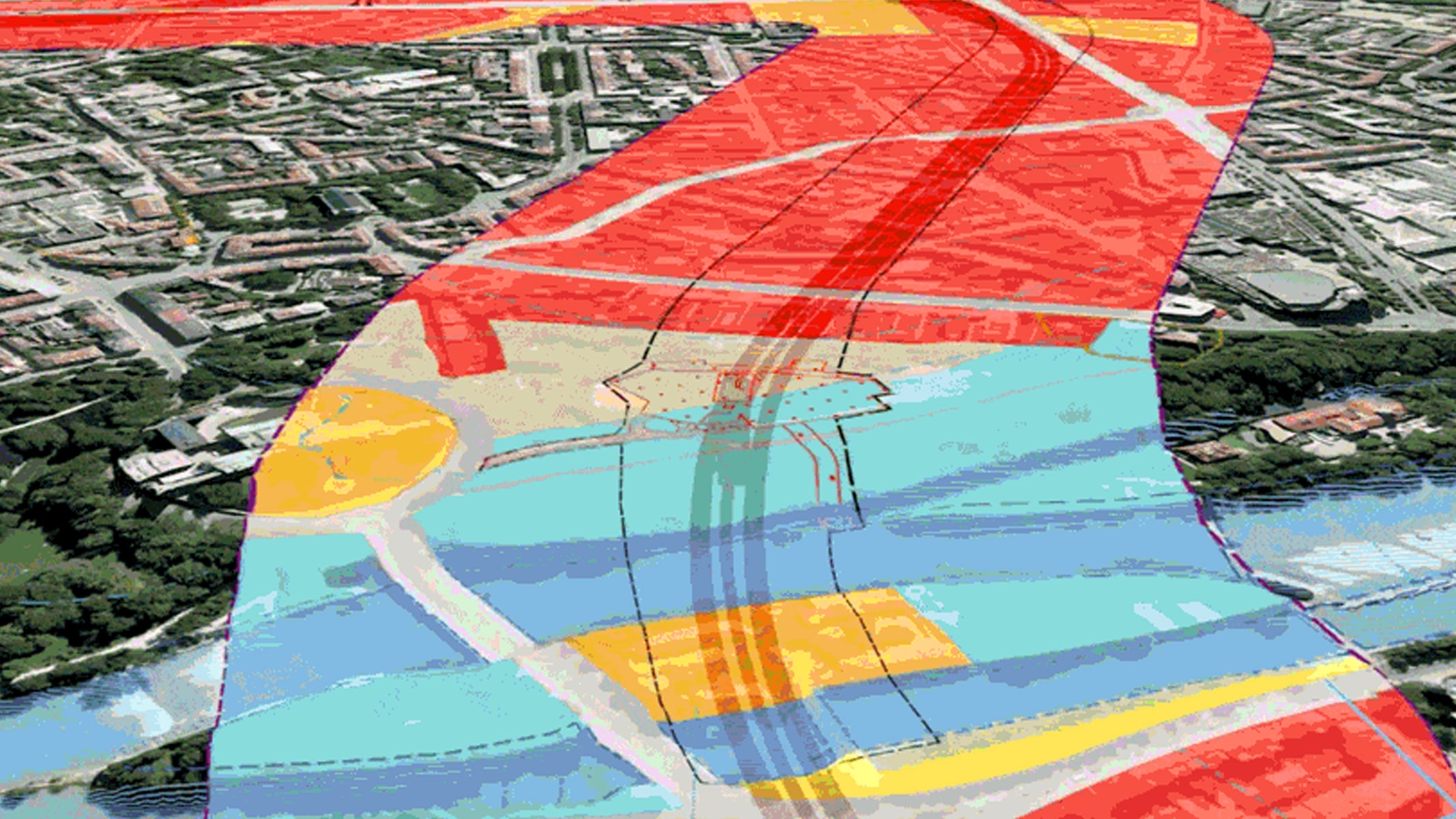 GIS and BIM integration visual showing a color-coded infrastructure project overlay on a landscape