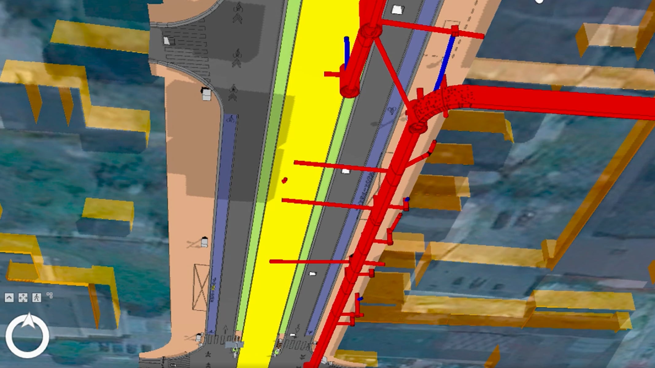 A 3D model of the Grand Paris Express metro line with colorful structural elements and surrounding context