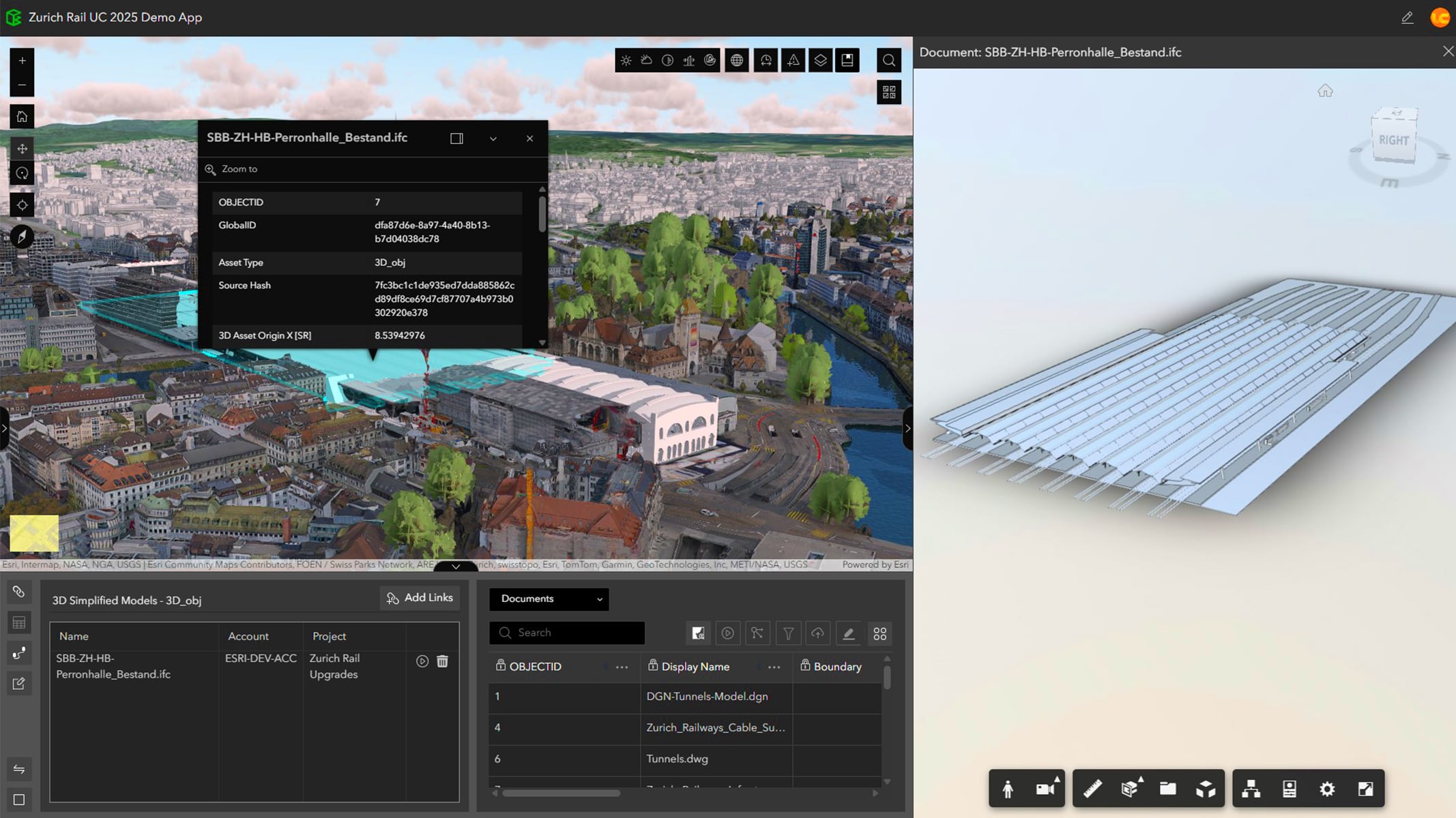 Split view showing a 3D city model with BIM data in ArcGIS GeoBIM interface on the left and a detailed building component model on the right
