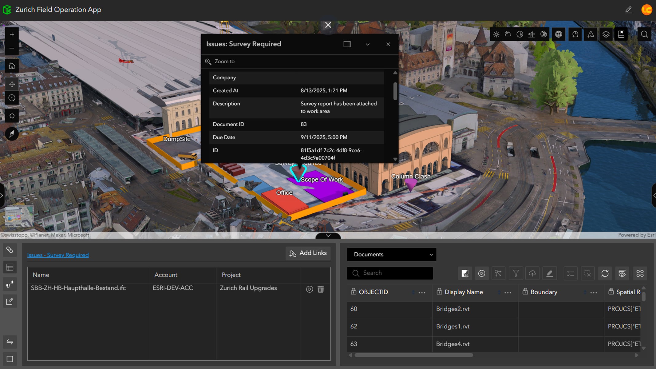 ArcGIS GeoBIM interface showing a 3D view of a city street with highlighted areas and document details panel