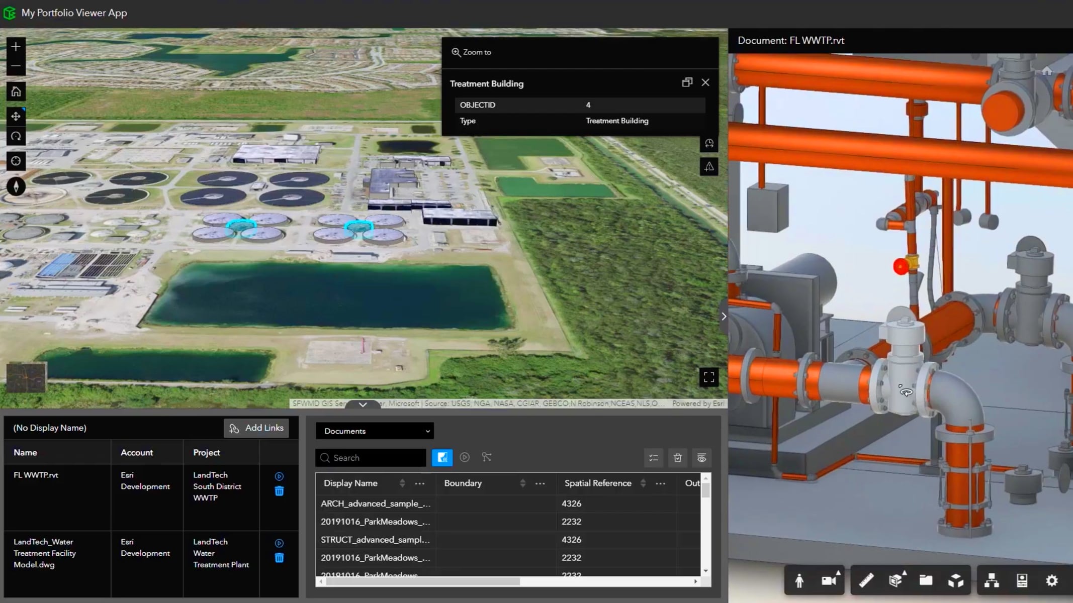 An aerial view of a water treatment facility alongside a detailed 3D BIM model of industrial piping