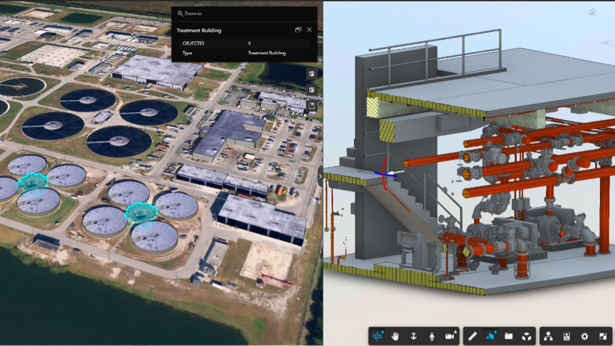 Side-by-side view of an aerial photo of a water treatment facility and a detailed 3D BIM model of industrial equipment