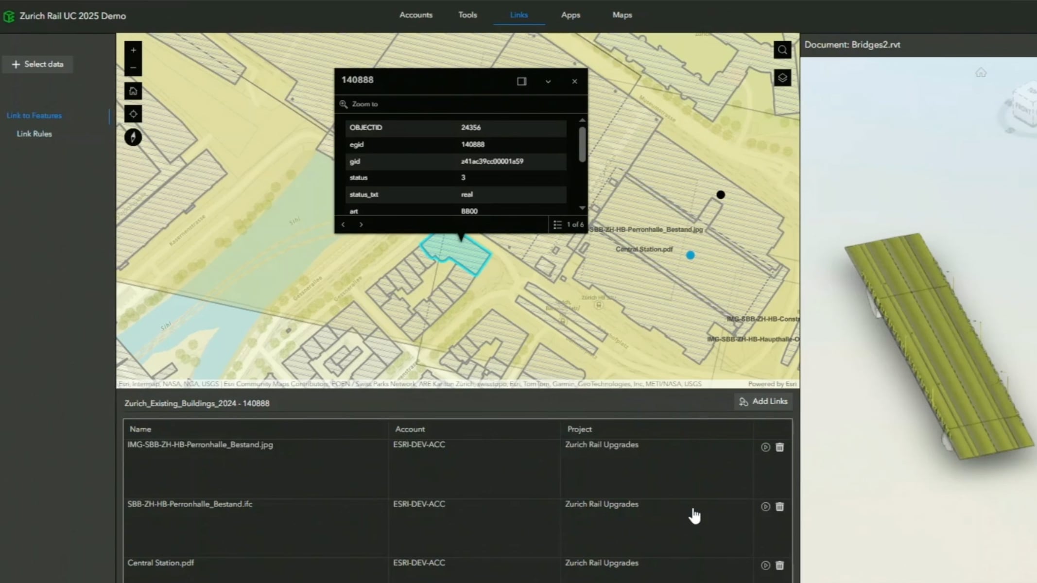 A map with highlighted areas and a 3D BIM component model on the right