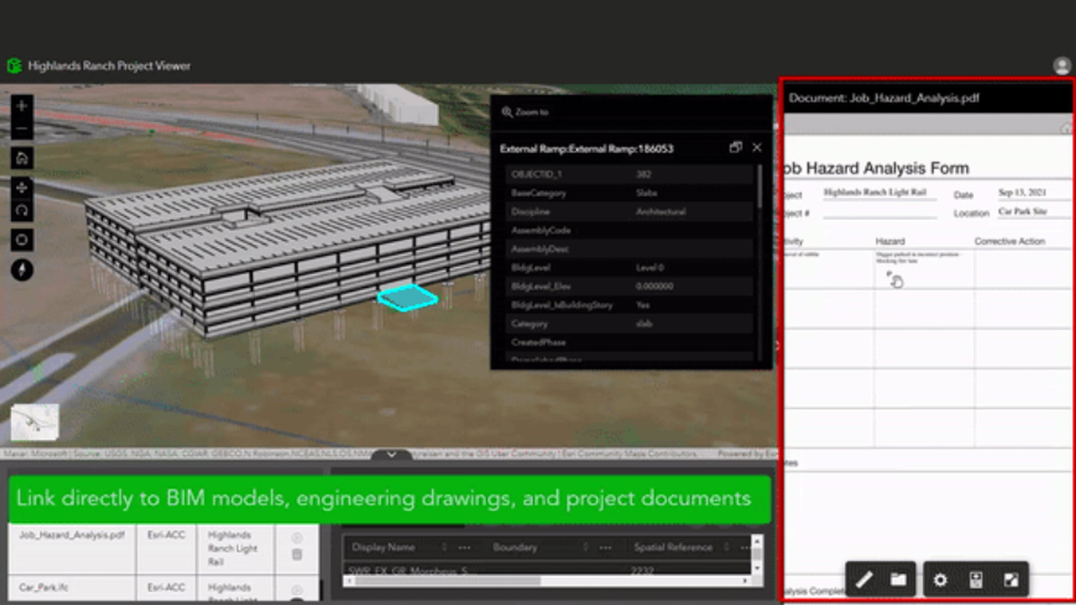 ArcGIS GeoBIM interface showing a 3D building model linked to project documents and a hazard analysis form