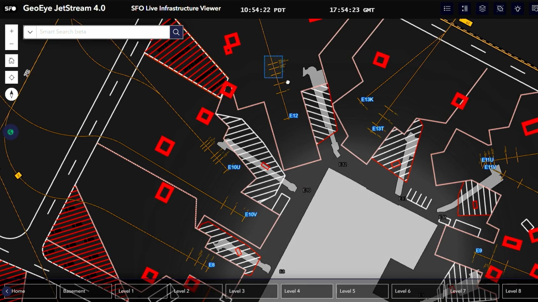 A detailed airport layout with highlighted areas and annotations
