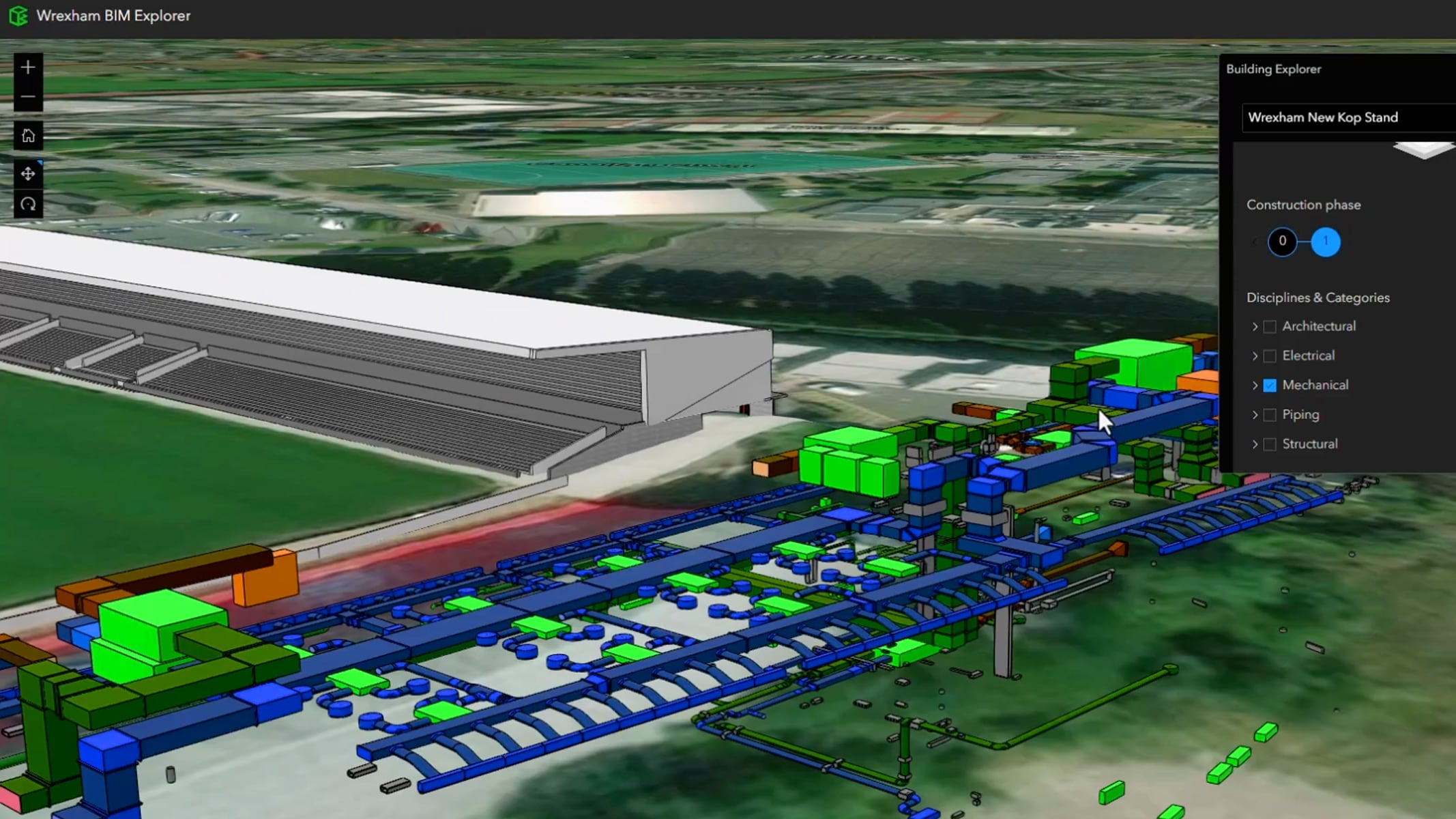 A 3D infrastructure model with colorful components and a data panel on the right