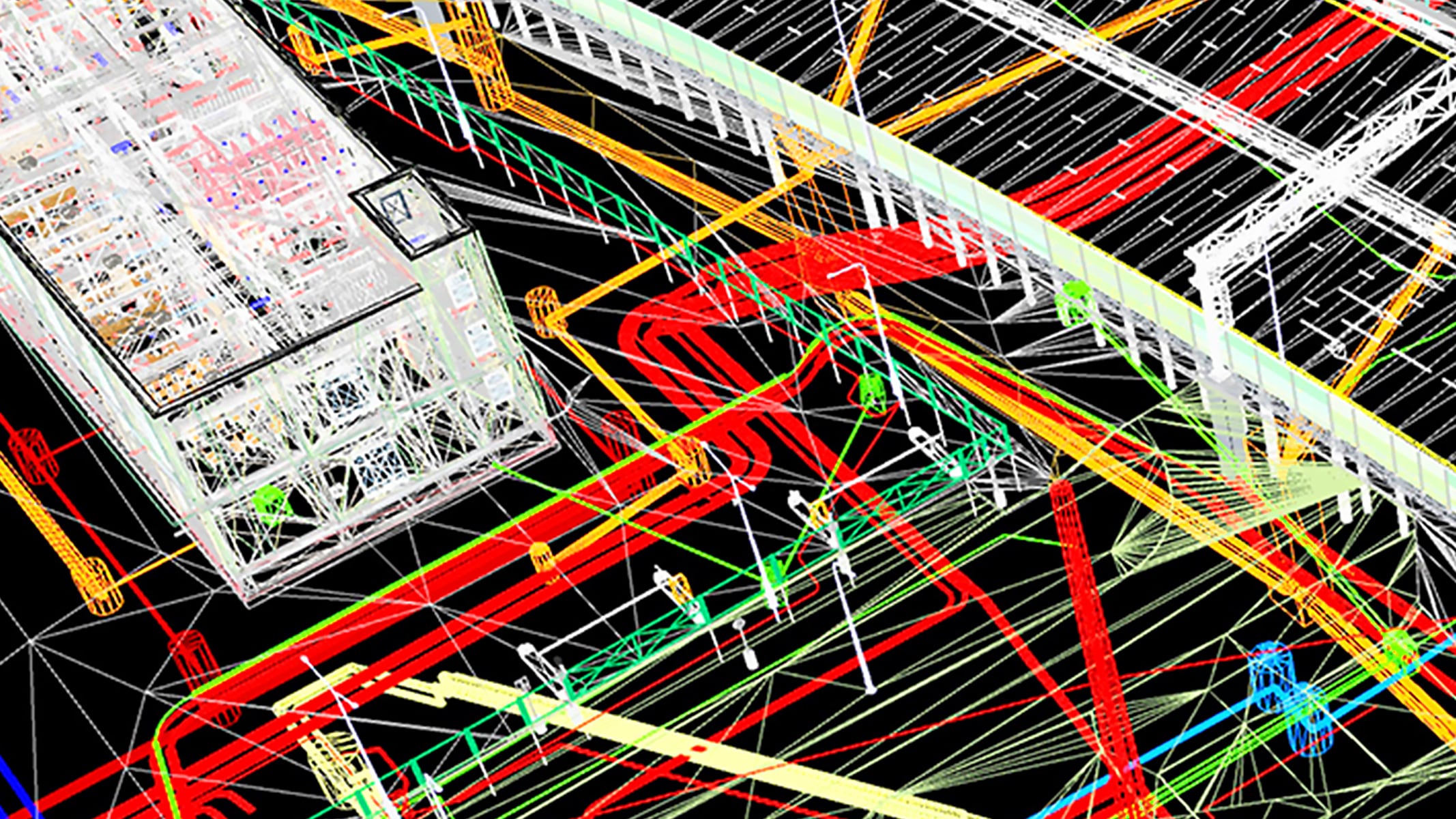 Colorful  model of a complex construction project showing intersecting structural elements, illustrating GIS and BIM integration
