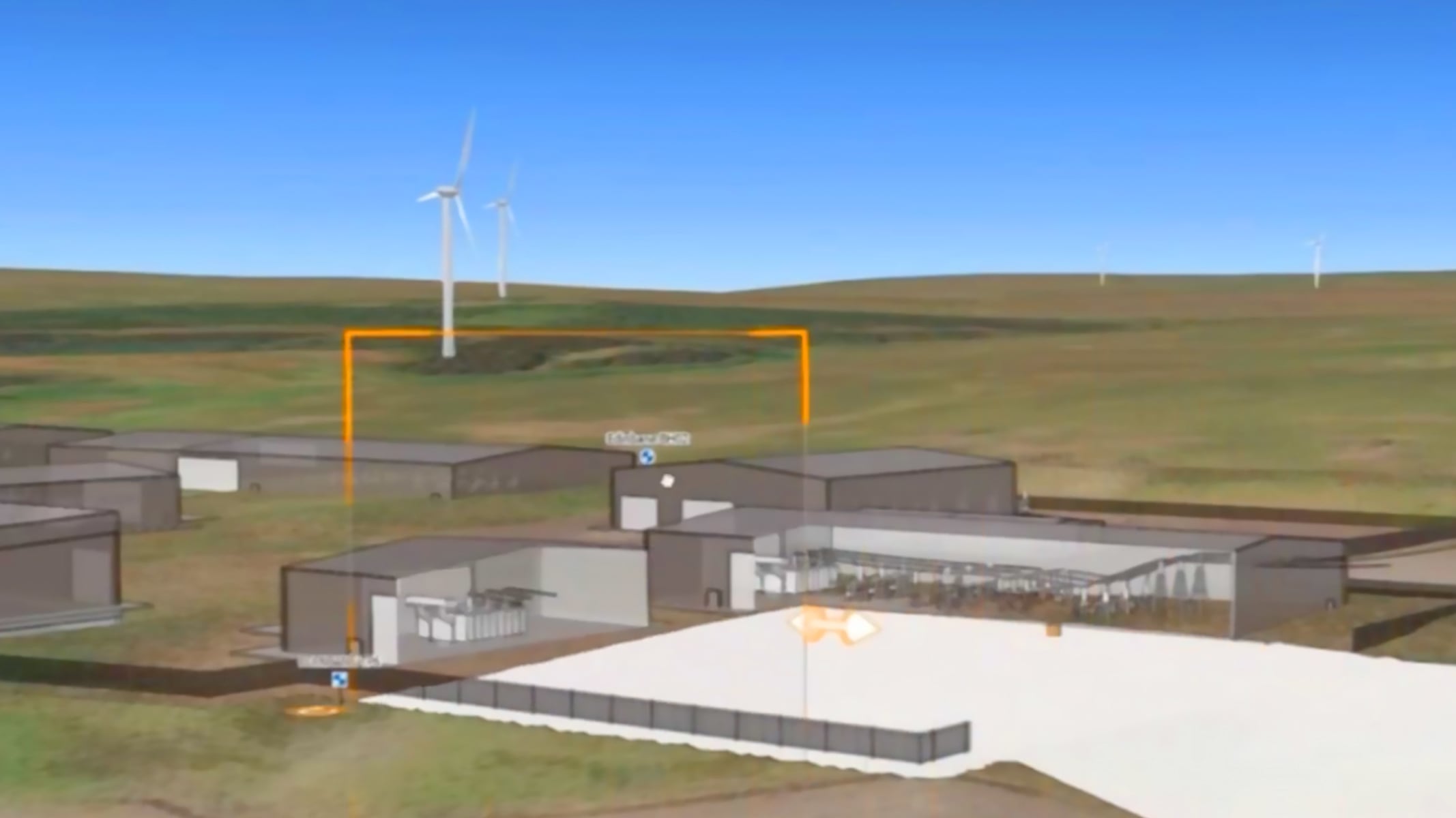A BIM model of an electrical substation with wind turbines in the background, illustrating GIS and BIM integration for Scotland’s grid project