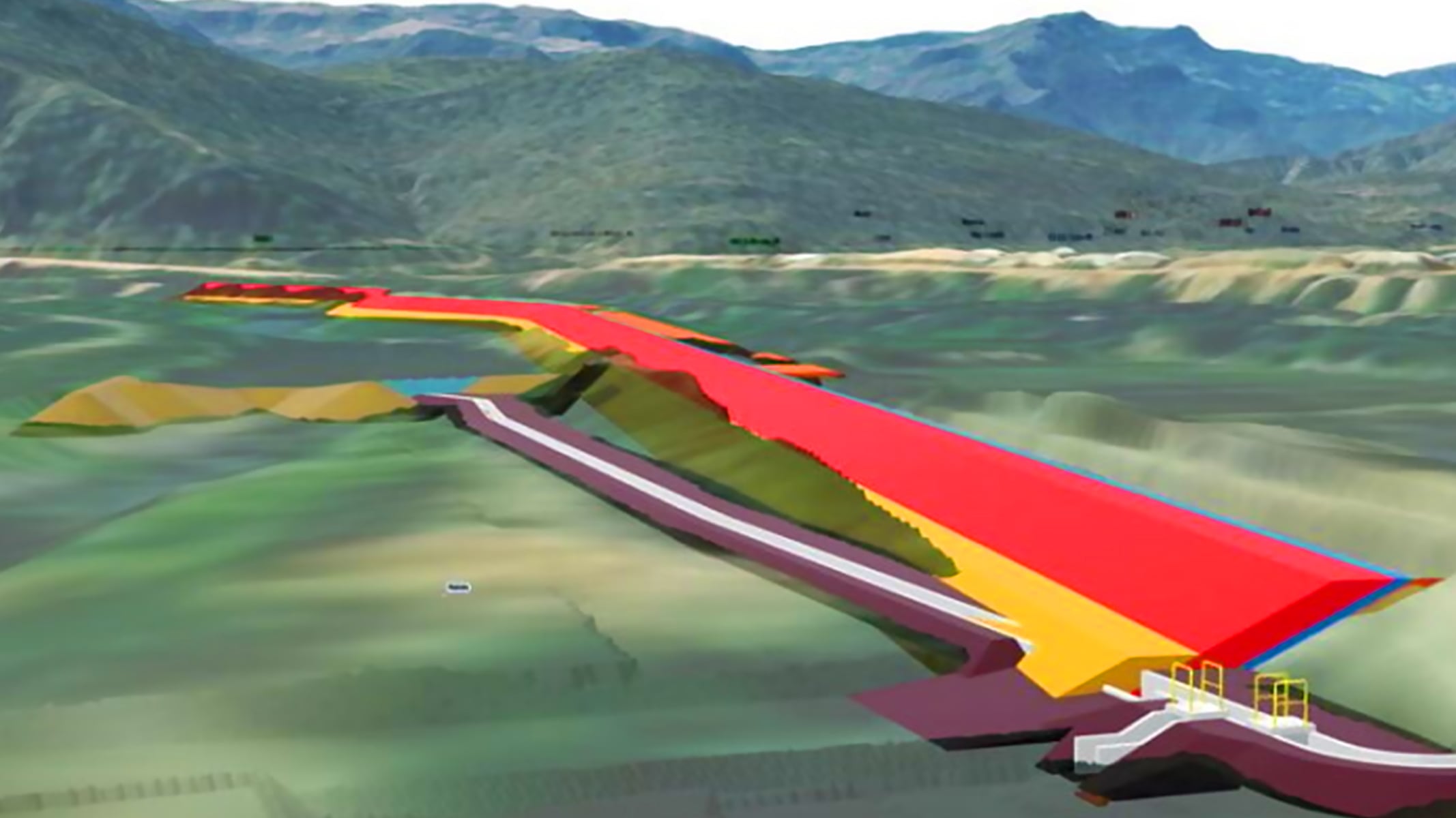 A BIM model of a reconstruction project in Peru showing colorful design layers for infrastructure repair in a mountainous landscape
