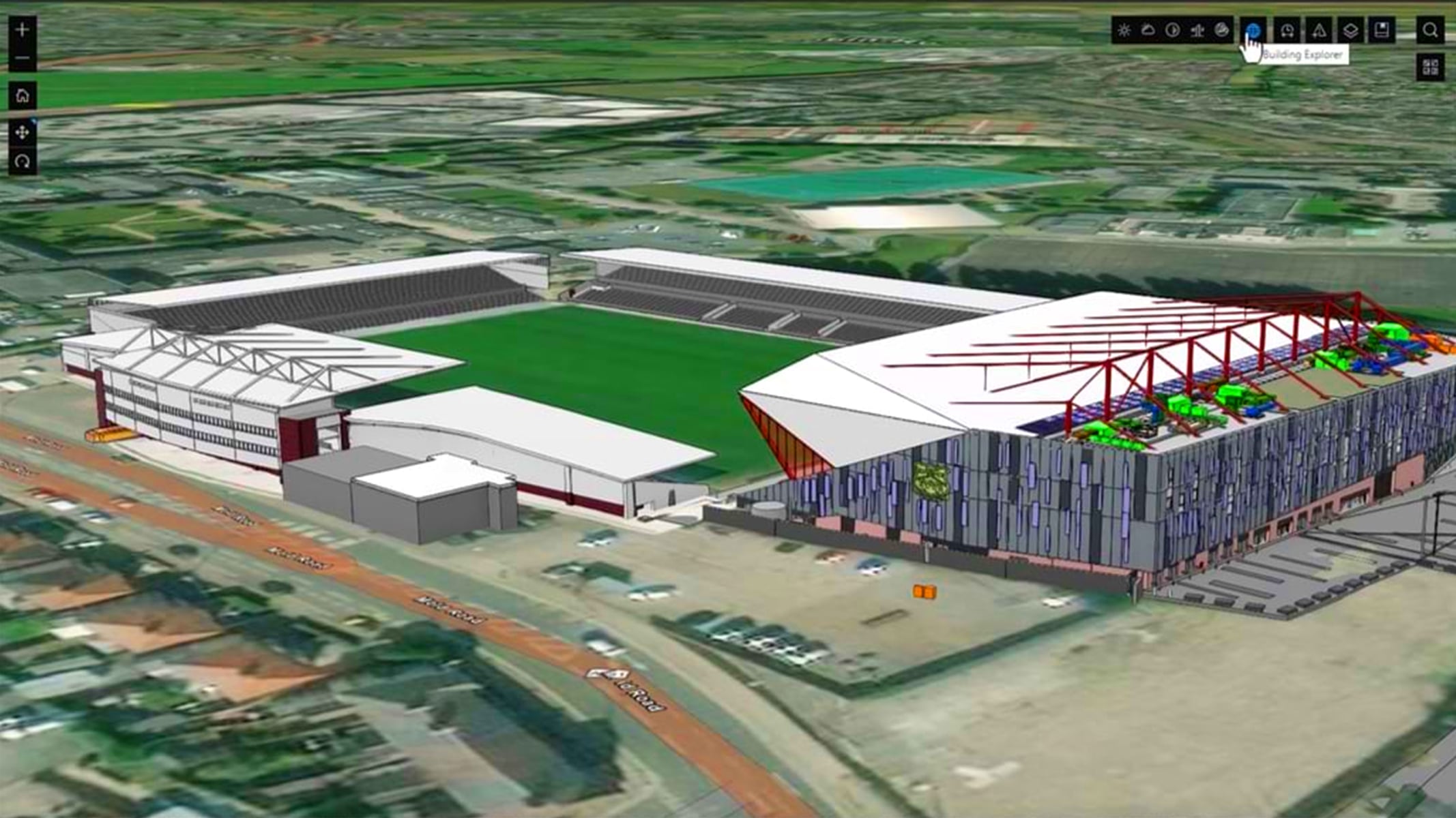 A BIM model of Wrexham stadium showing planned renovations with structural details, featured in an Esri Blog post on GIS and BIM integration
