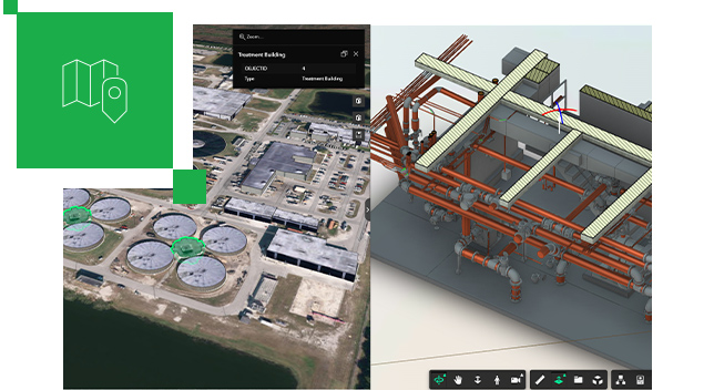 Immagine aerea che mostra un serbatoio e una stazione meccanica di pompaggio in 3D sul sito.