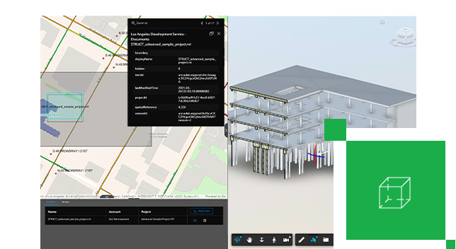 3D-Gebäude mit Querschnitt und Draufsicht in 2D neben einer digitalen Straßenkarte und einem Würfelsymbol in 3D