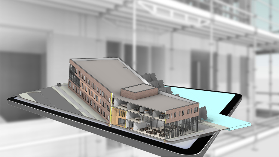 Photo of a white building under development overlaid with a 3D model of a completed building development