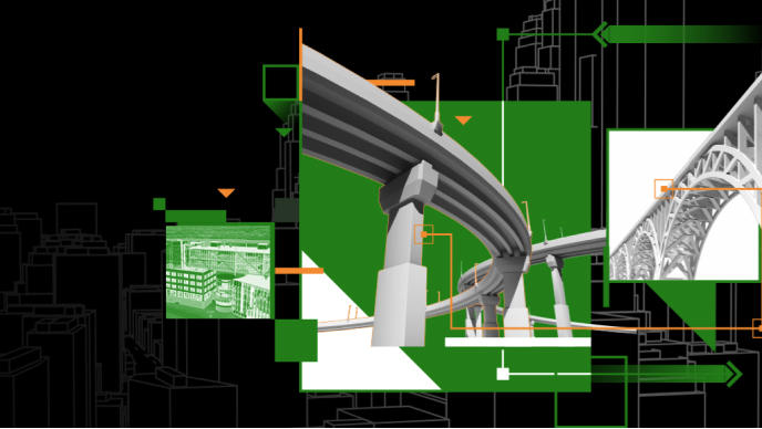 Modeling data of building and bridges in green and gray on a black background