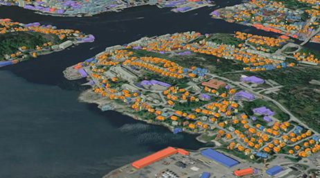 Vista aérea de um modelo 3D de uma área suburbana com casas e estruturas destacadas em laranja, roxo e azul