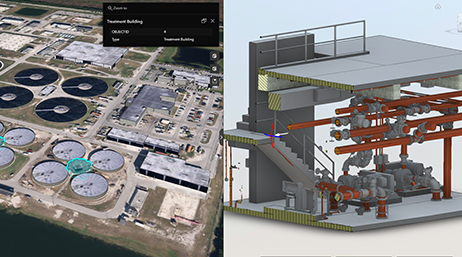 Podzielony obraz ze zdjęciem lotniczym kompleksu przemysłowego po lewej stronie i modelem 3D budynku w kolorze szarym i czerwonym po prawej stronie